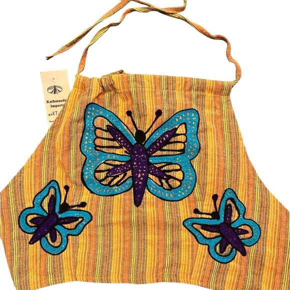 Kathmandu Imports Striped Butterfly Embroidered Tie Back Cotton Halter Top NWT - Picture 4 of 7